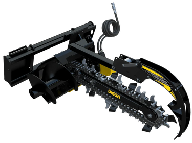 The trencher has a long boom with a cutting chain at the end.